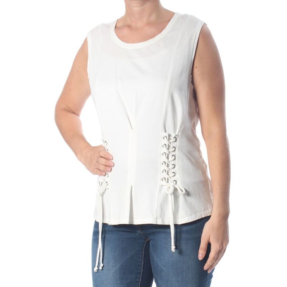 WILLIAM RAST Womens Ivory Corset Detail Sleeveless Jewel Neck Top L - Picture 3 of 4